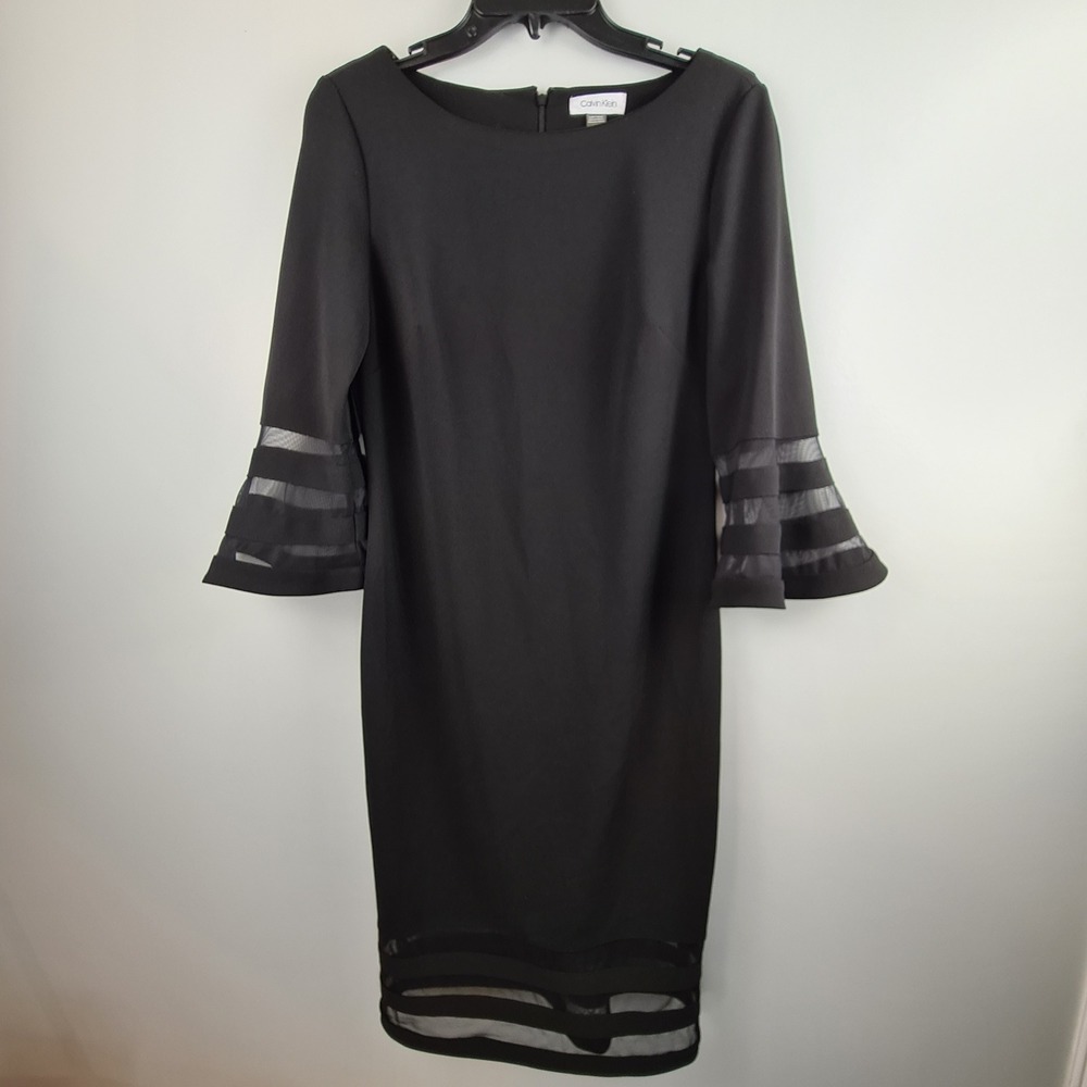 Calvin Klein Black Bell Sleeve Mesh Stripe Sheath Dress 8 Formal Evening Knee